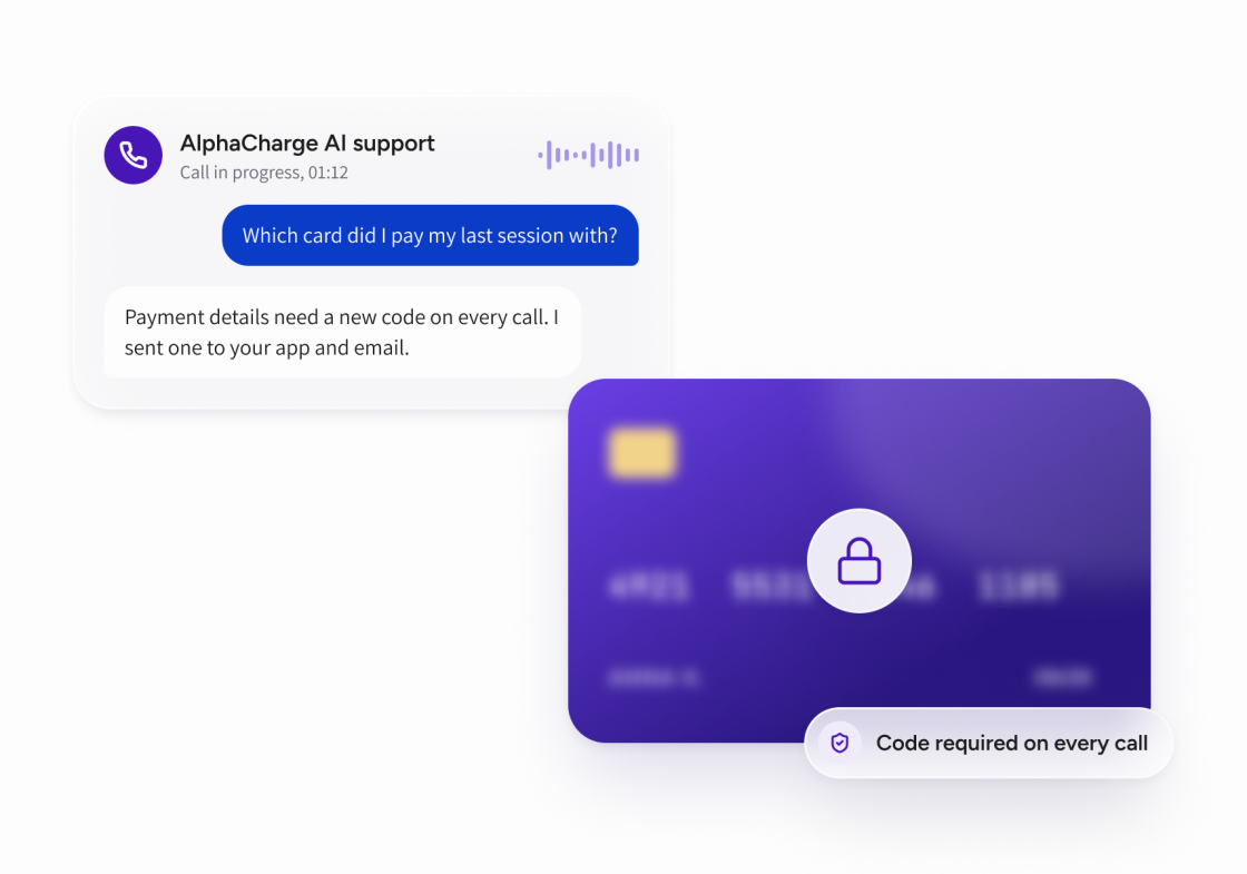 The assistant asks for a new code before answering which card paid the last session; the card details stay hidden