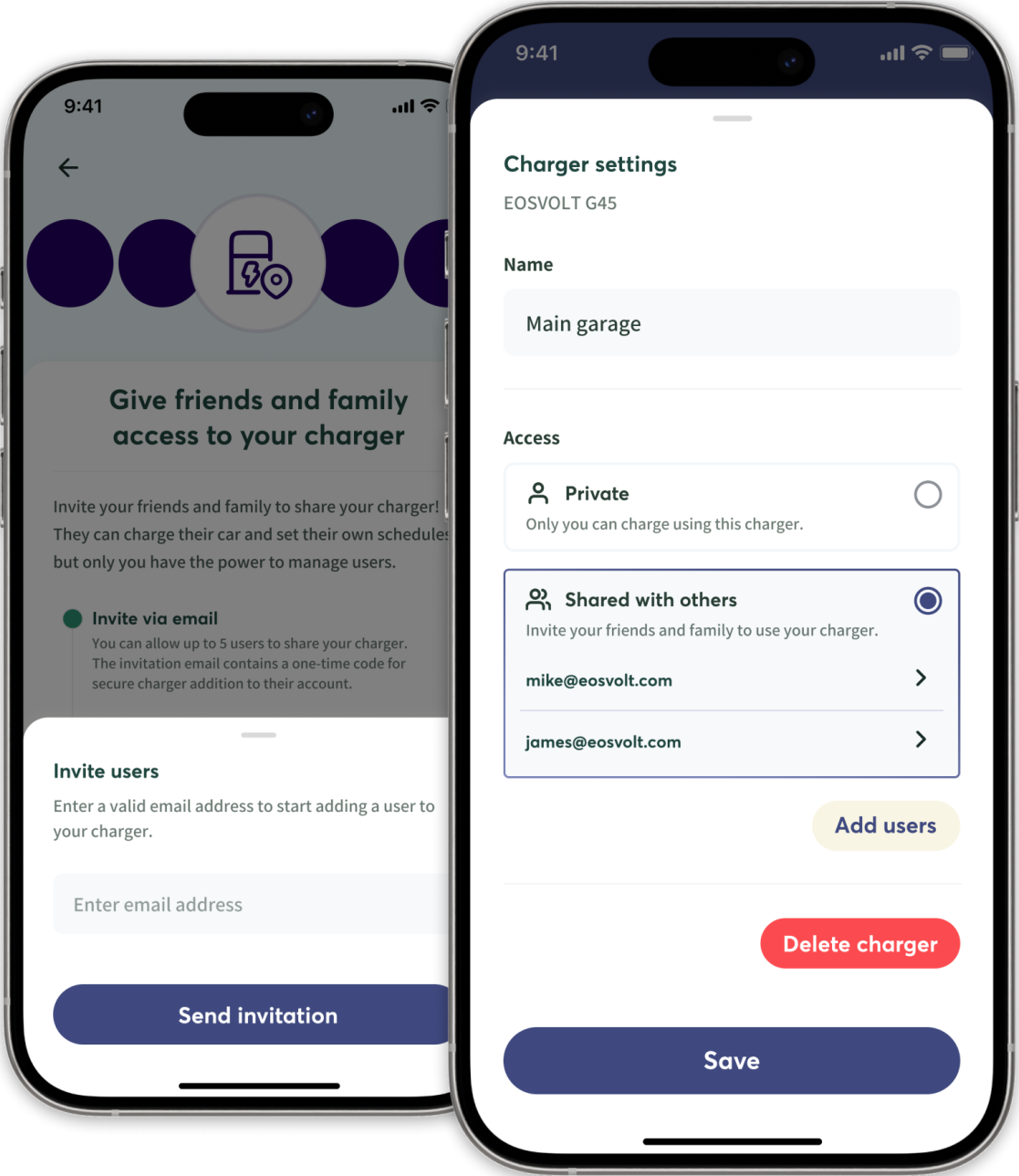 The app: charger settings with the plug shared with family members and the invitation by email