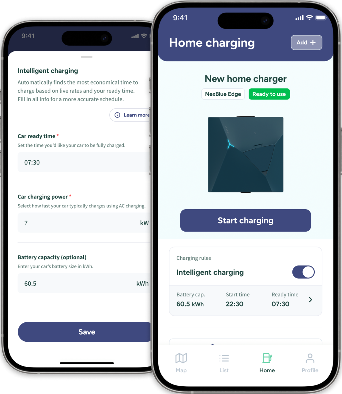 The app: intelligent charging with the car ready time, charging power and battery capacity