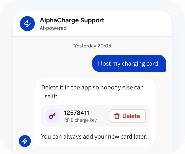 Support chat: the driver lost a charging card and the assistant offers to delete the RFID charge key in the app