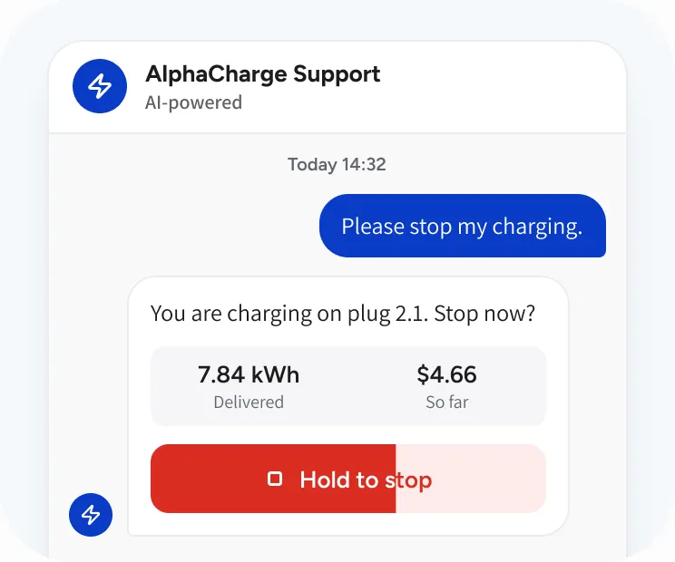 Support chat: the driver asks to stop charging and holds a button to confirm