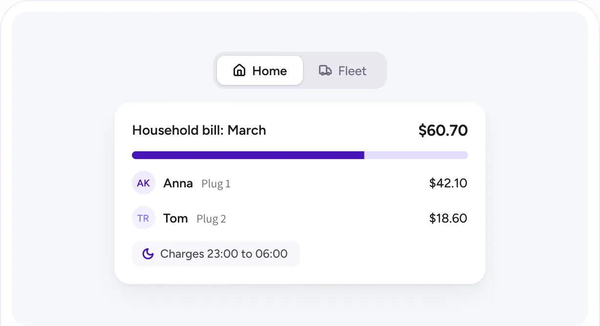 A household bill for March split between two plugs, with a night charging schedule