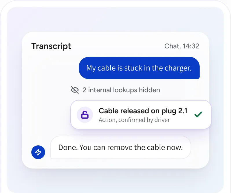 A chat transcript with a cable released action confirmed by the driver and hidden internal lookups