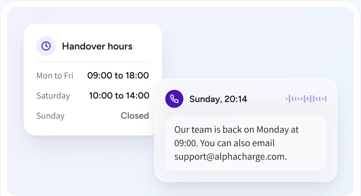 Handover hours per weekday and the assistant's answer on a Sunday evening