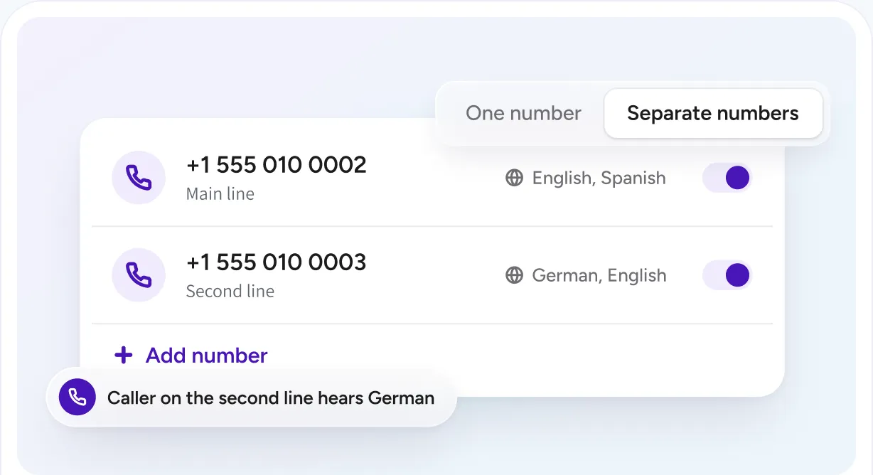 Two support numbers with their languages, and the choice between one number and separate numbers