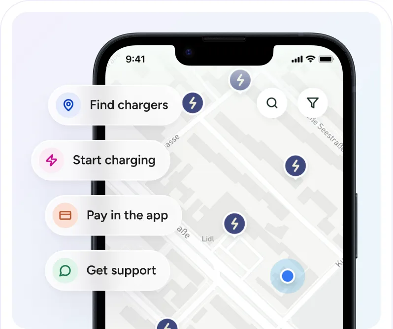 The driver app map with find chargers, start charging, pay in the app and get support