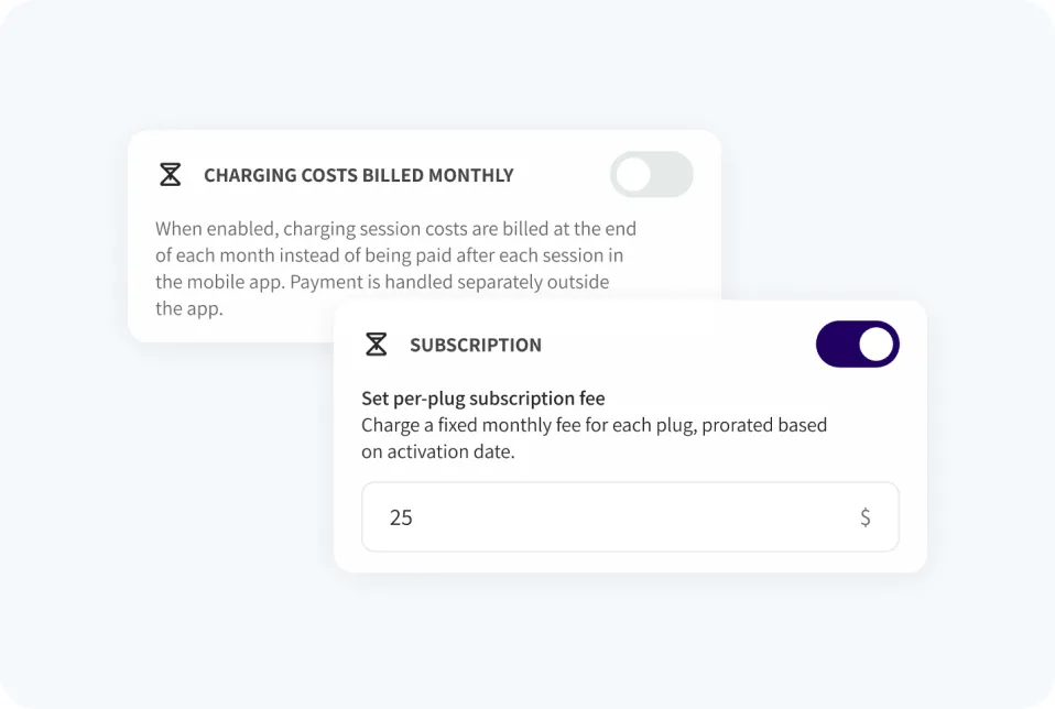 Plug billing settings: charging costs billed monthly and a fixed monthly plug subscription fee