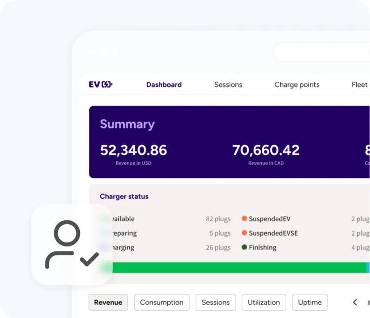 Dashboard summary with revenue and charger status for the locations a property manager oversees