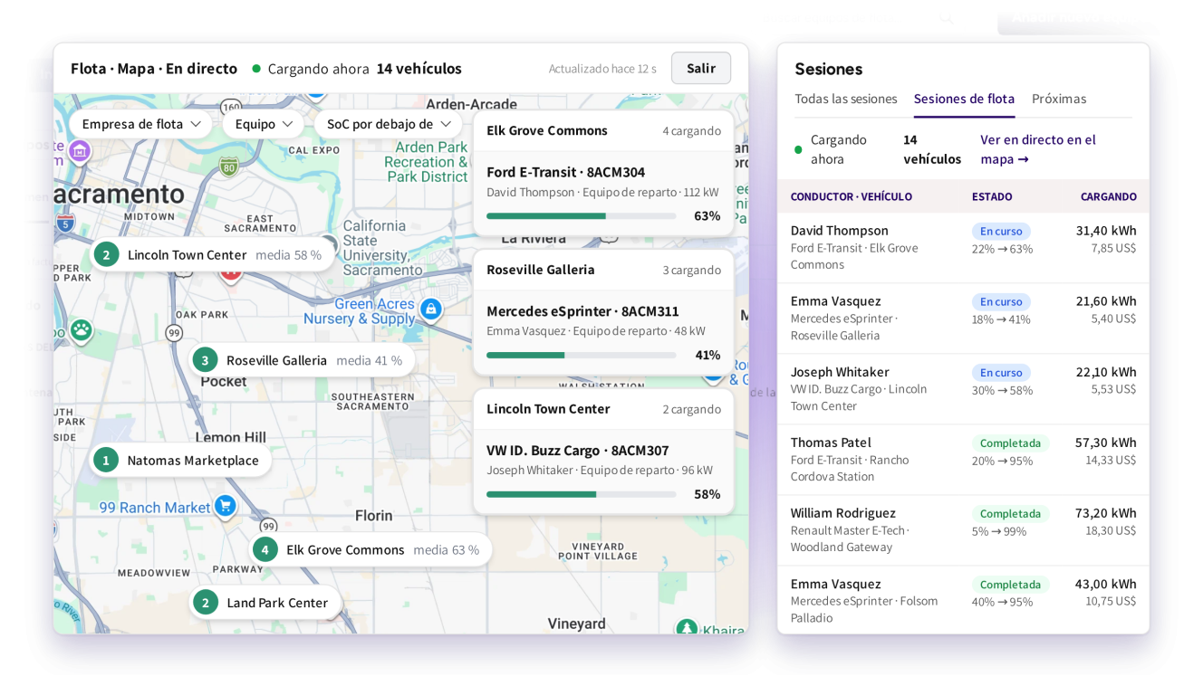 Mapa de flota en directo con vehículos cargando en cinco ubicaciones y su estado de carga, los ajustes del equipo de flota y la app del conductor