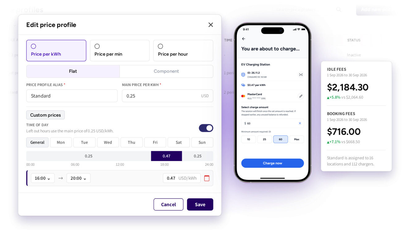 Price profile editor with a time of day rule, the price shown to the driver in the app, and the month's idle and booking fees