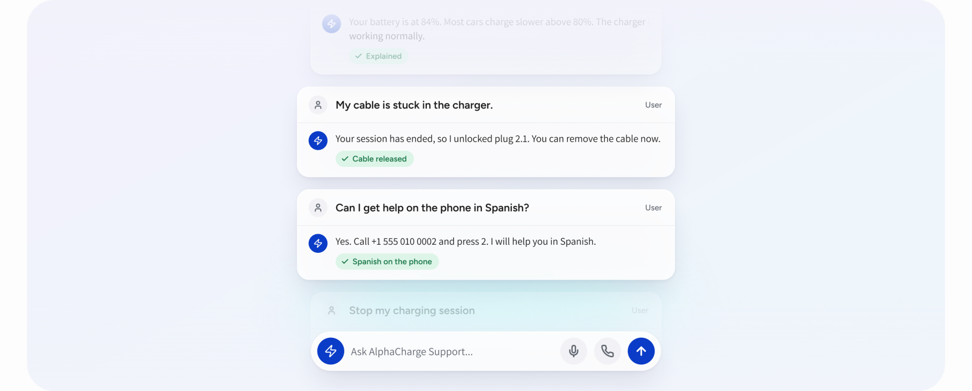 The driver app support chat: a slow charging question explained, a stuck cable released, help offered on the phone in another language, and a request to stop a session